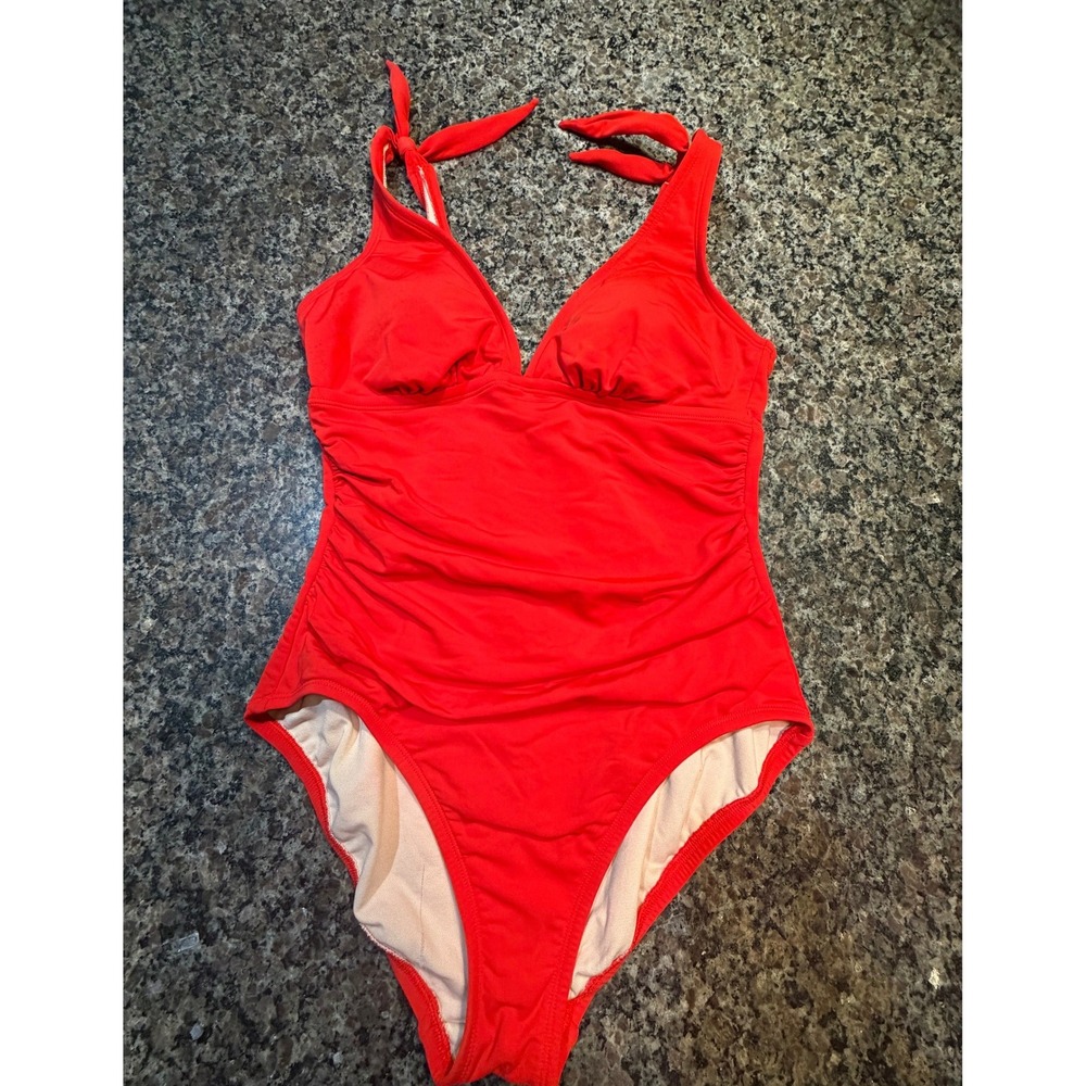 Kona Sol Womens Red Ruched One Piece Swimsuit Halter V-Neck Size M